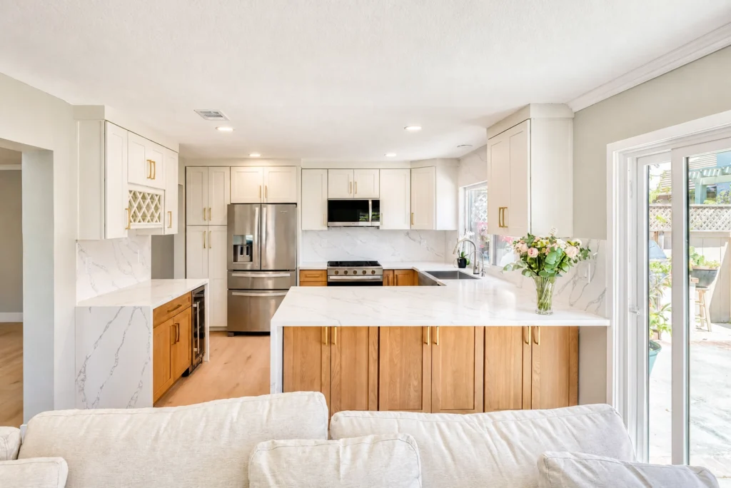 Two Tone Wood and White Kitchen Cabinets: Spartan White & Whisky Royale