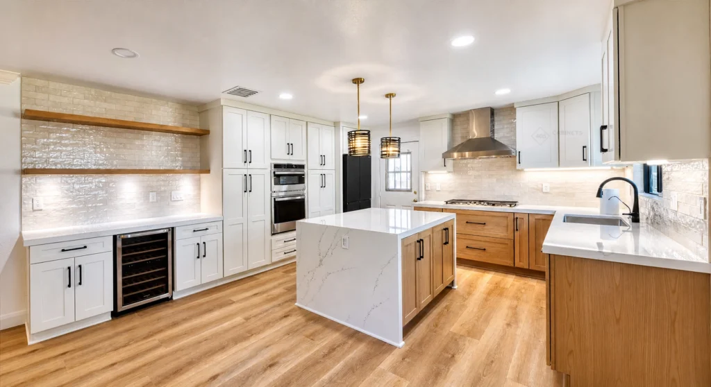 Two Tone Wood and White Kitchen Cabinets: Whisky Royale & Spartan White