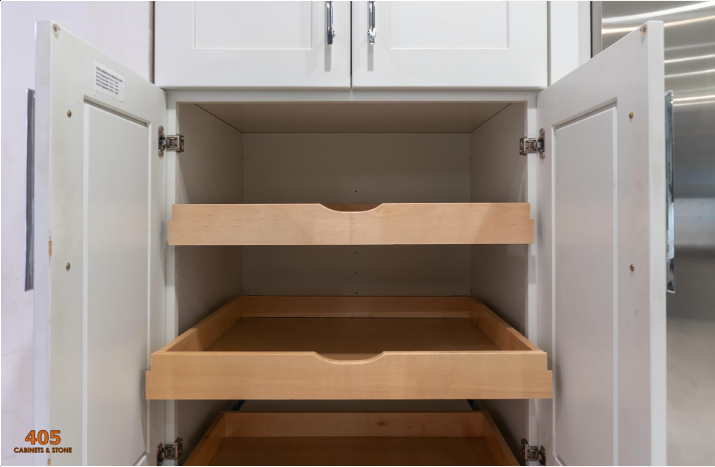 In a list of top kitchen design hacks, a Pantry with many pull-out drawers is a great option.