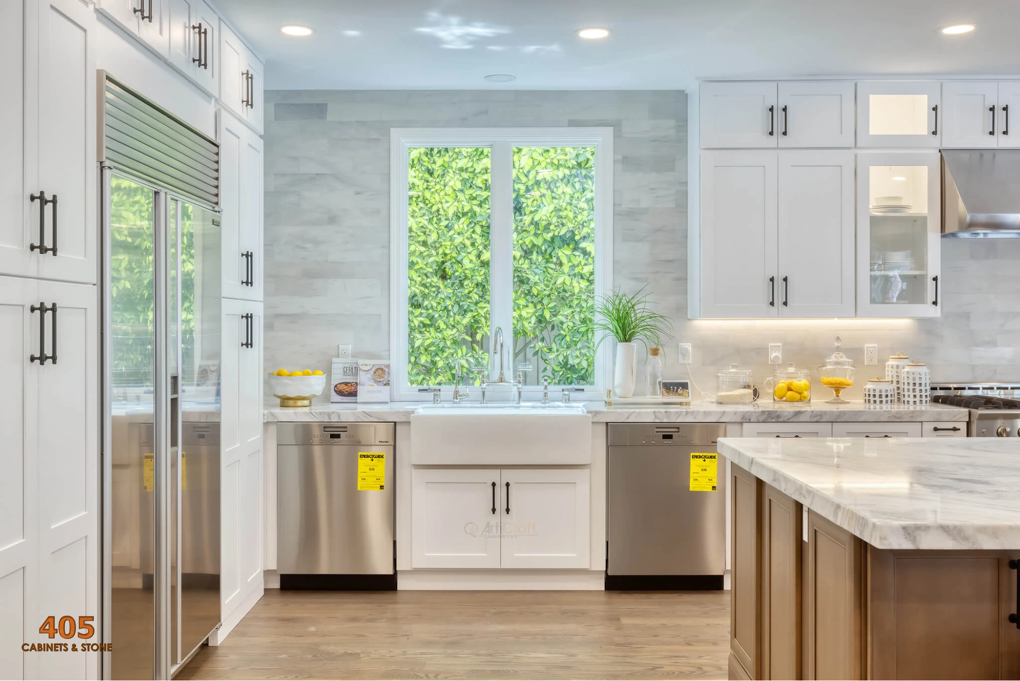 Two Tone Wood And White Kitchen Cabinets