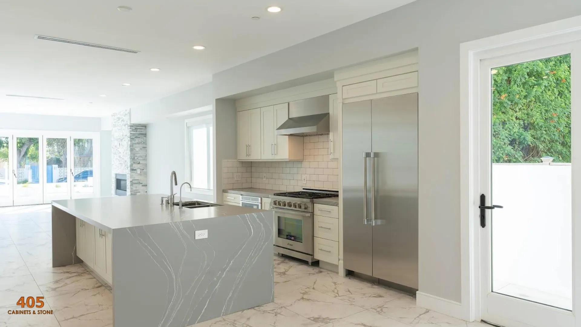 gray walls and white kitchen cabinets