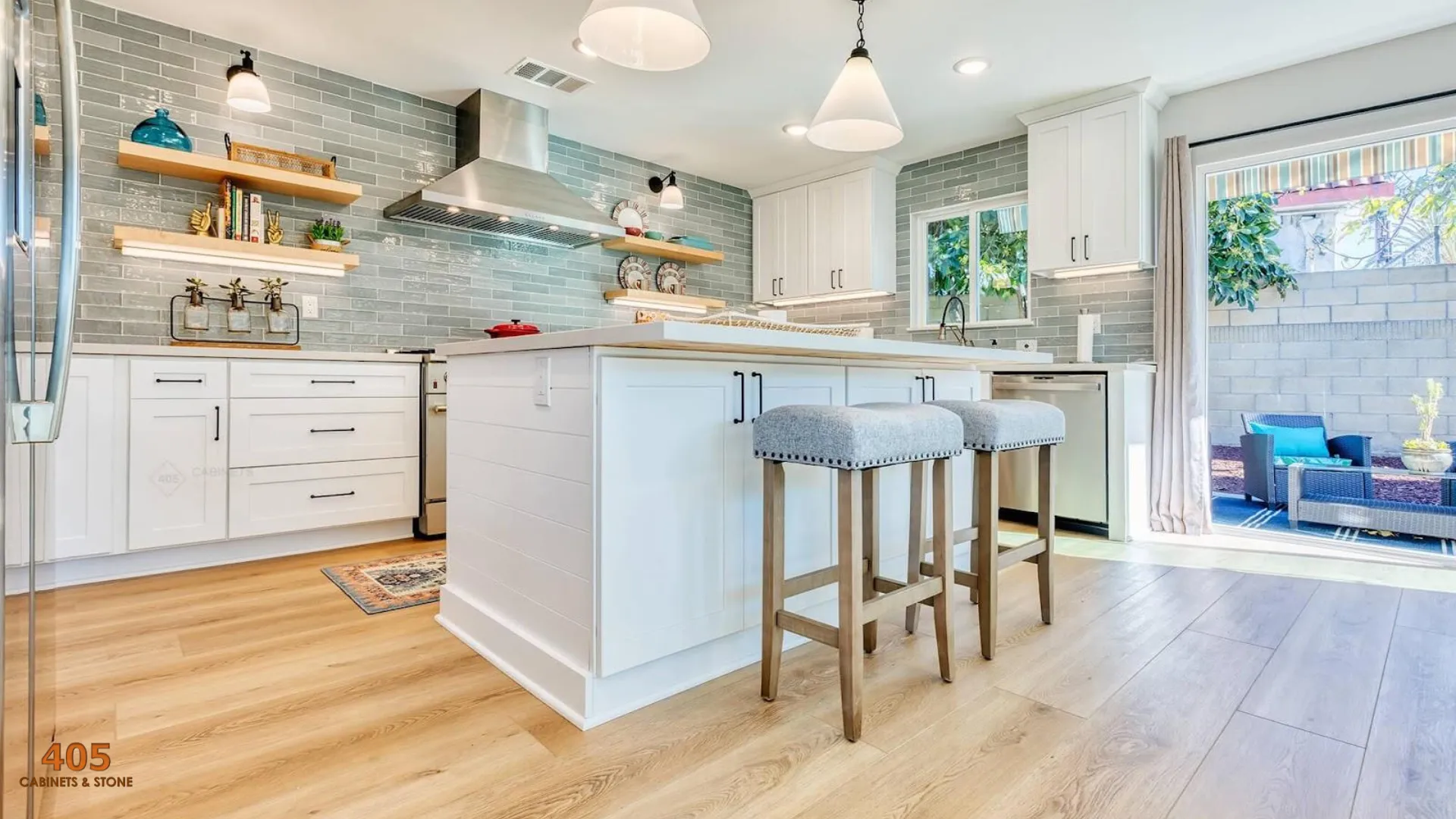 gray walls and white kitchen cabinets