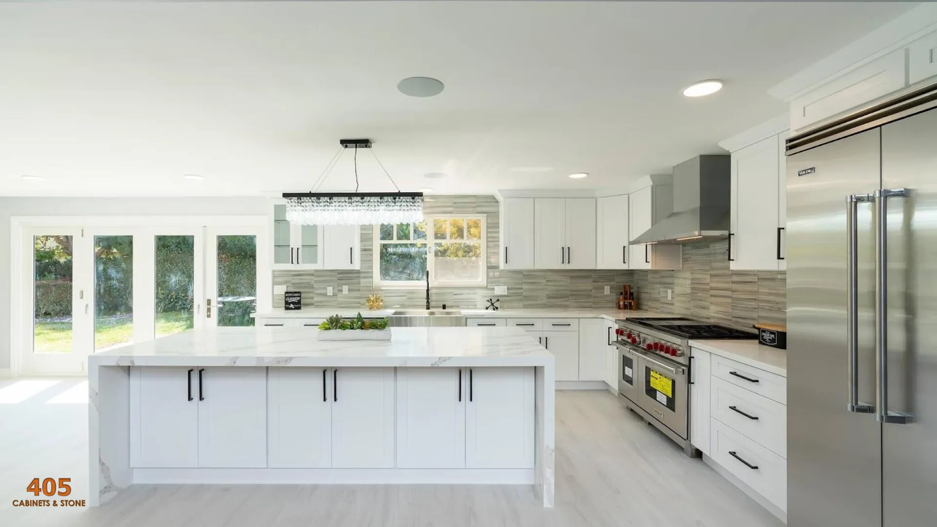 gray walls and white kitchen cabinets