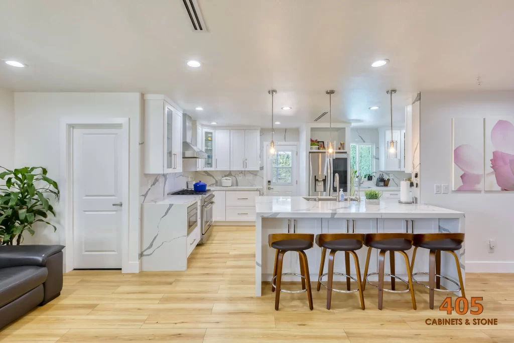 Quartz does not necessarily need to be only a countertop material. They make a fantastic backsplash as well.