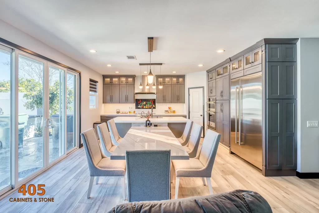 A kitchen design with a long island